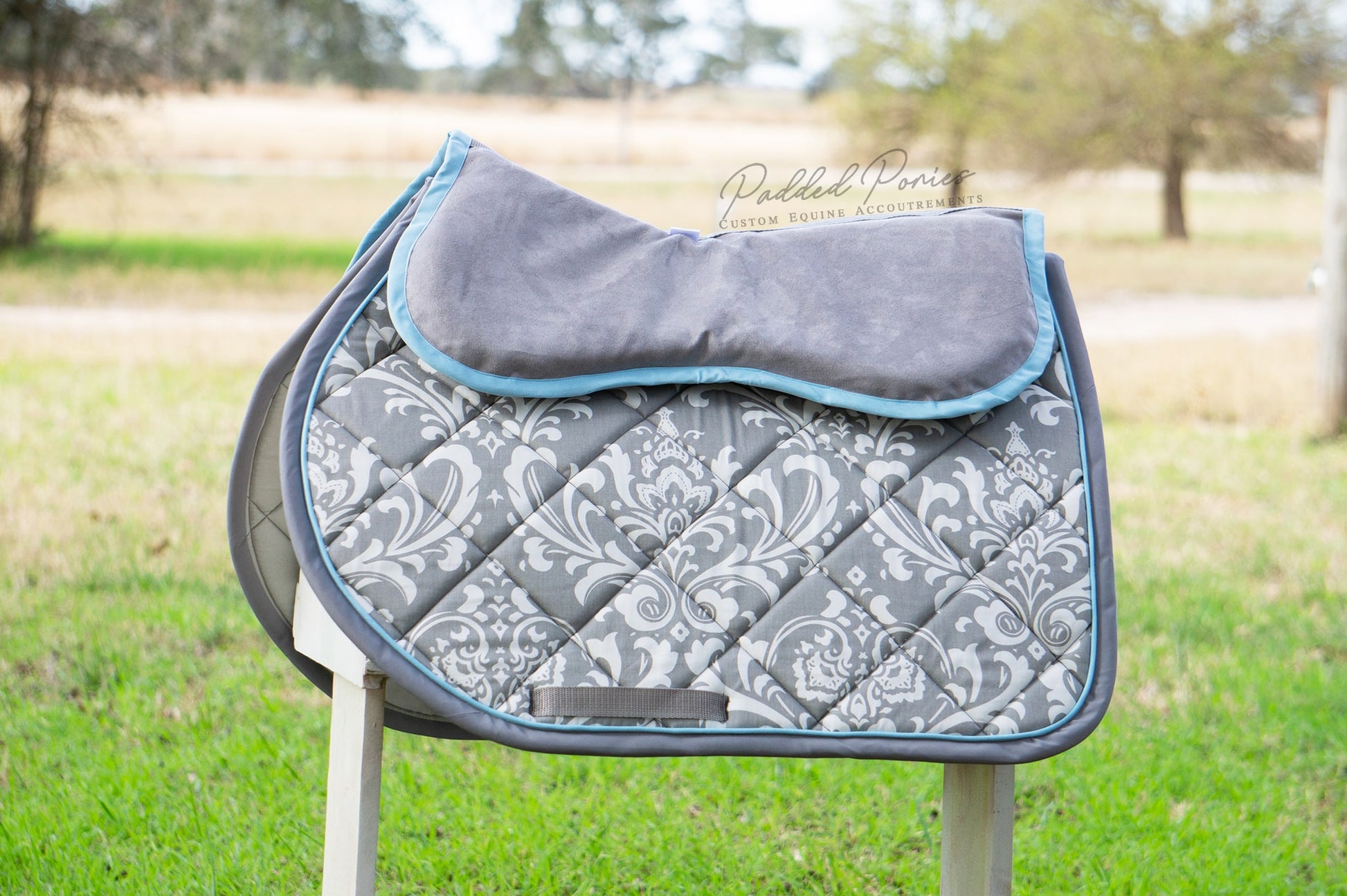 Silver and Baby Blue Suede Comfort Memory Foam Jump Half Pad with Matching Damask Print Saddle Pad