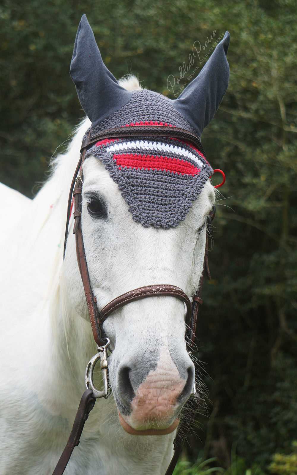 Ready to Ship Charcoal, Red, and White Stripe Crochet Ear Fly Bonnet Horse Size