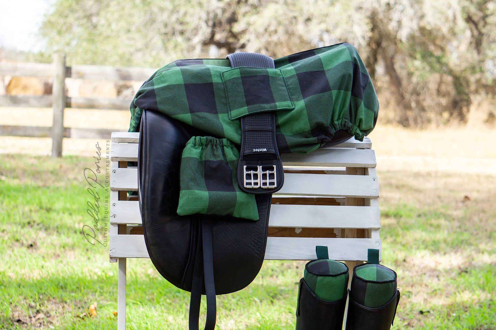 Black and Green Buffalo Plaid Boot Tree Stuffers with Matching Dressage Saddle Cover and Stirrup Covers