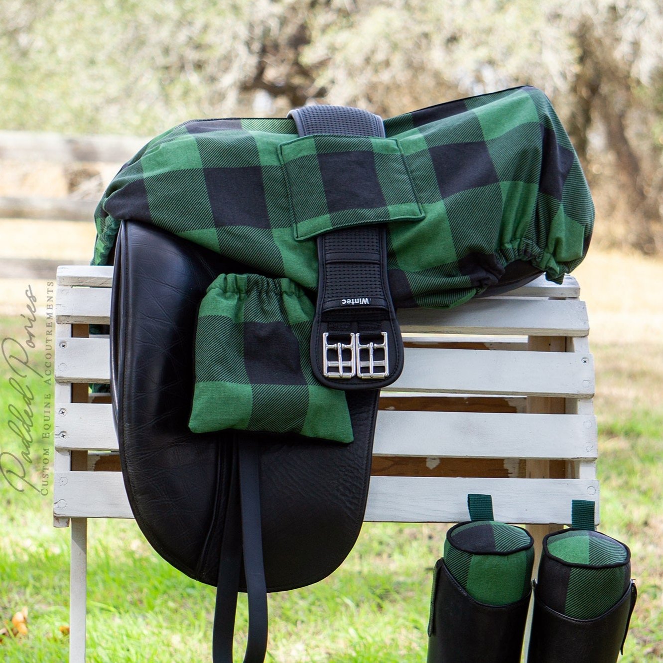 Black and Green Buffalo Plaid Boot Tree Stuffers with Matching Dressage Saddle Cover and Stirrup Covers