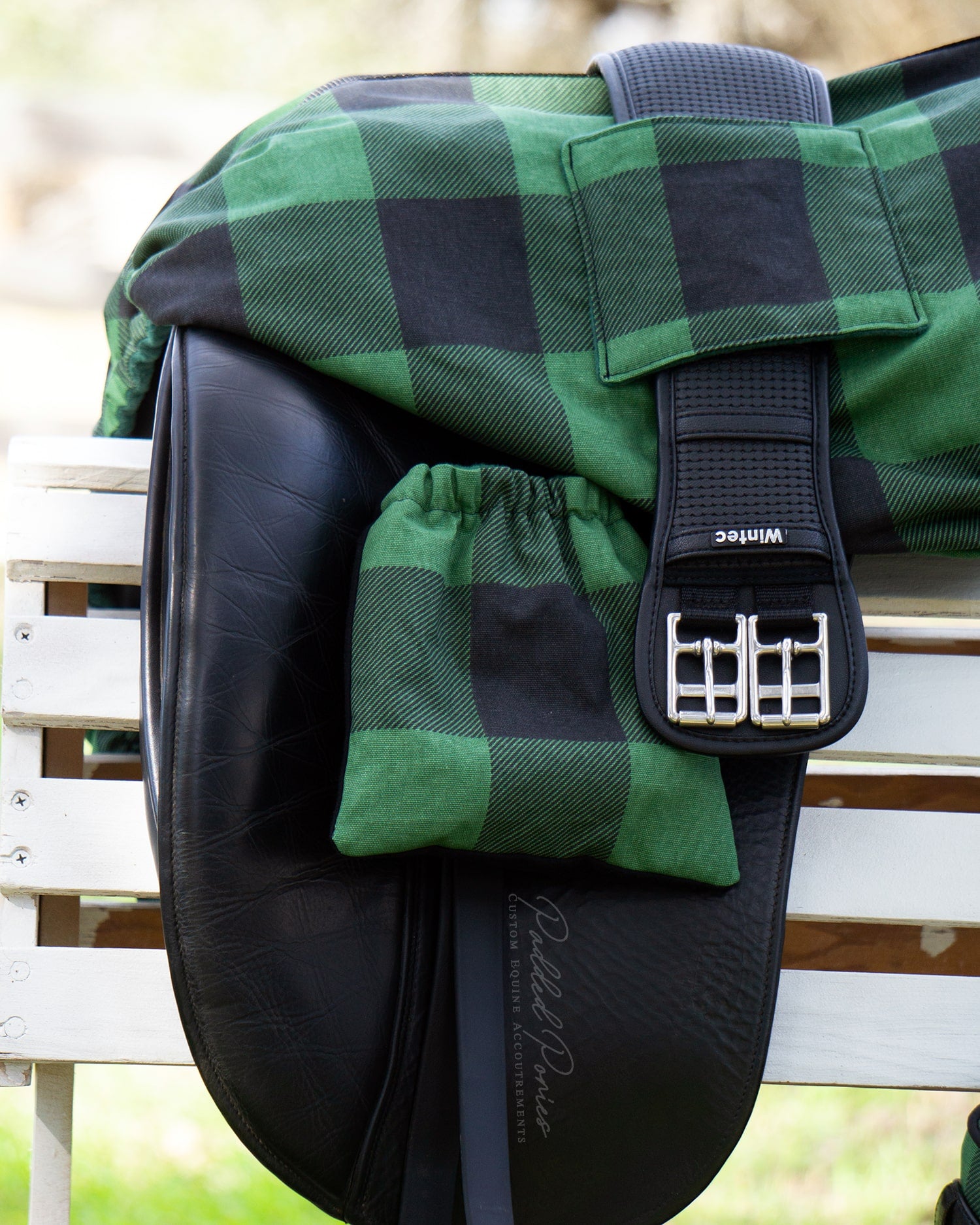 Green and Black Buffalo Plaid Stirrup Covers with Matching Saddle Cover