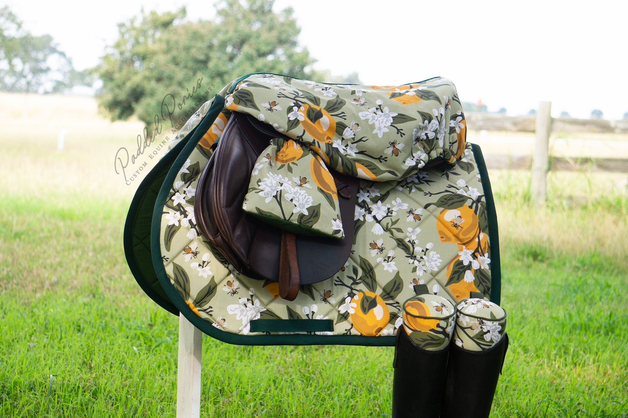 Custom Stirrup Covers Lemons and Bees