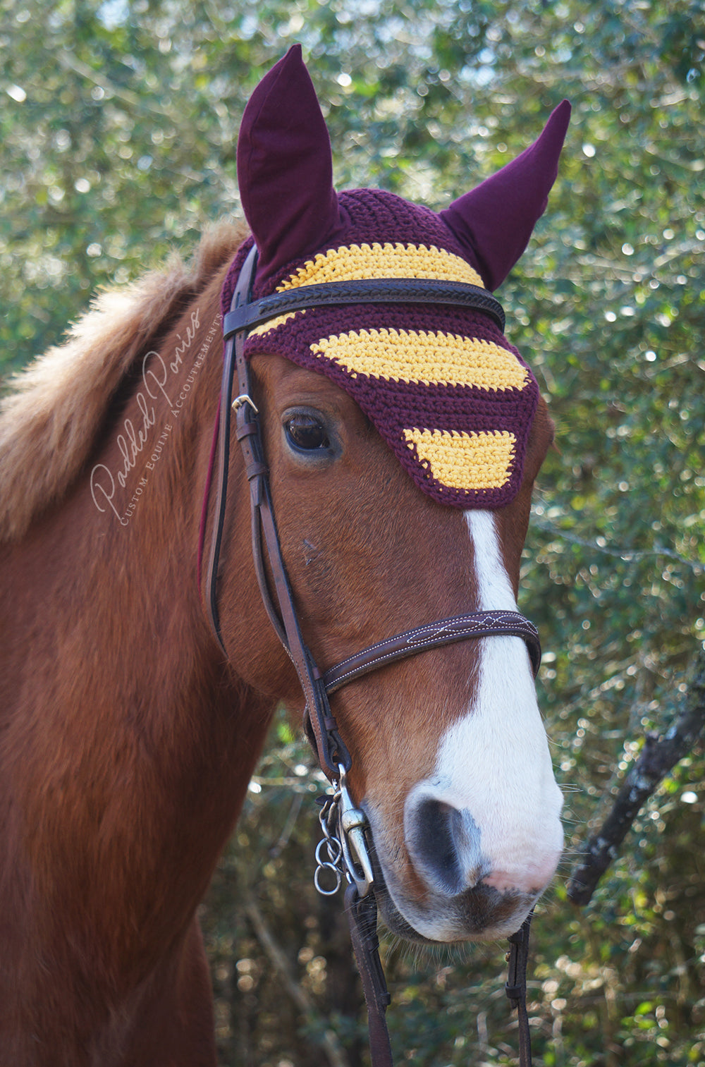 Ready to Ship Maroon and Yellow Gryffindor Stripe Crochet Ear Fly Bonnet Horse Size