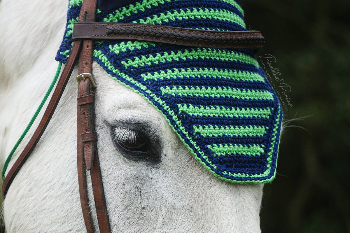 Ready to Ship Lime Green and Navy Blue Stripe Crochet Ear Fly Bonnet Horse Size