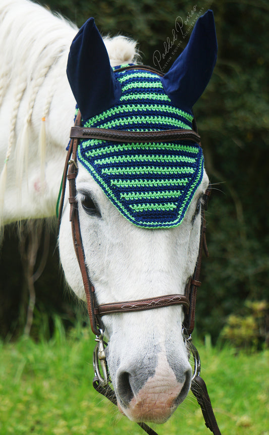 Ready to Ship Lime Green and Navy Blue Stripe Crochet Ear Fly Bonnet Horse Size