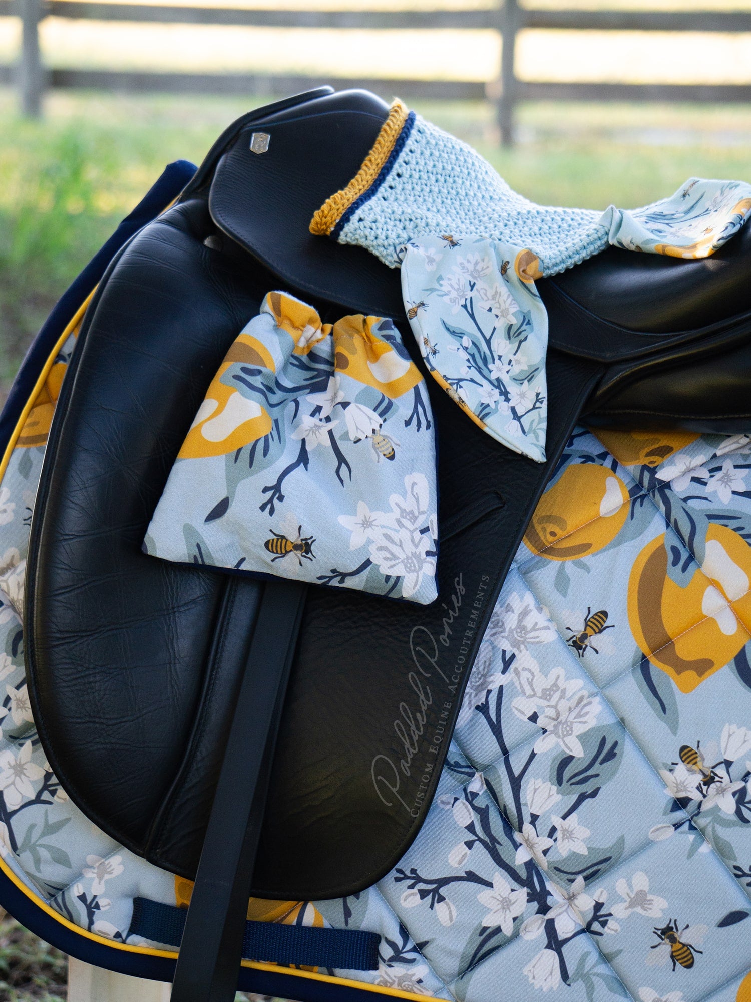 Custom Stirrup Covers Lemons and Bees