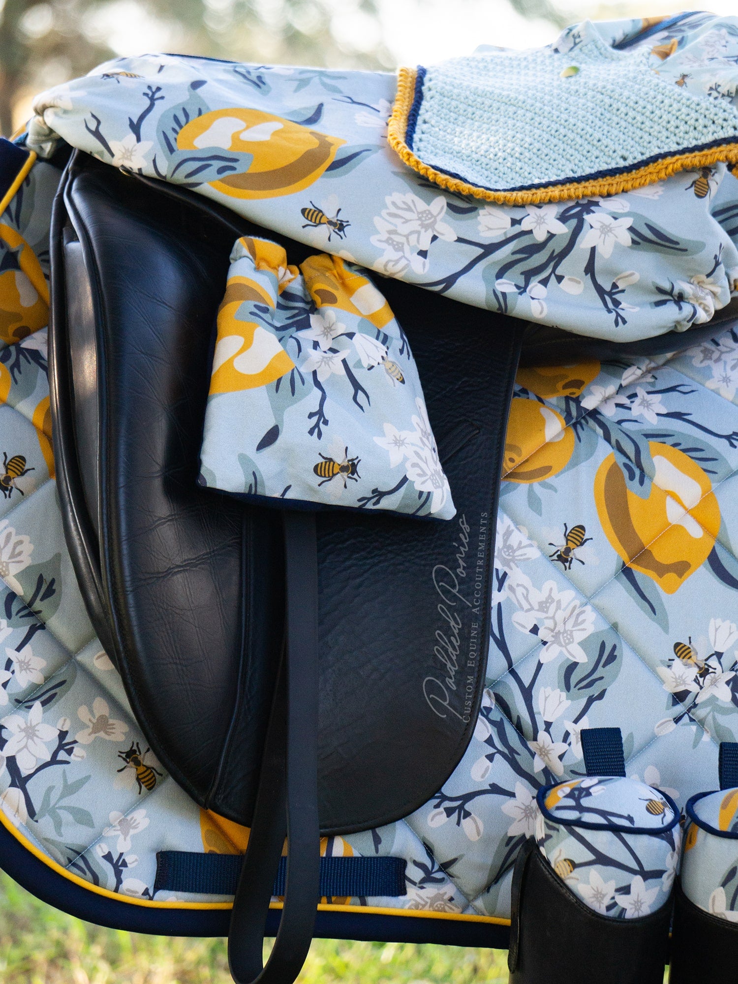Custom Stirrup Covers Lemons and Bees