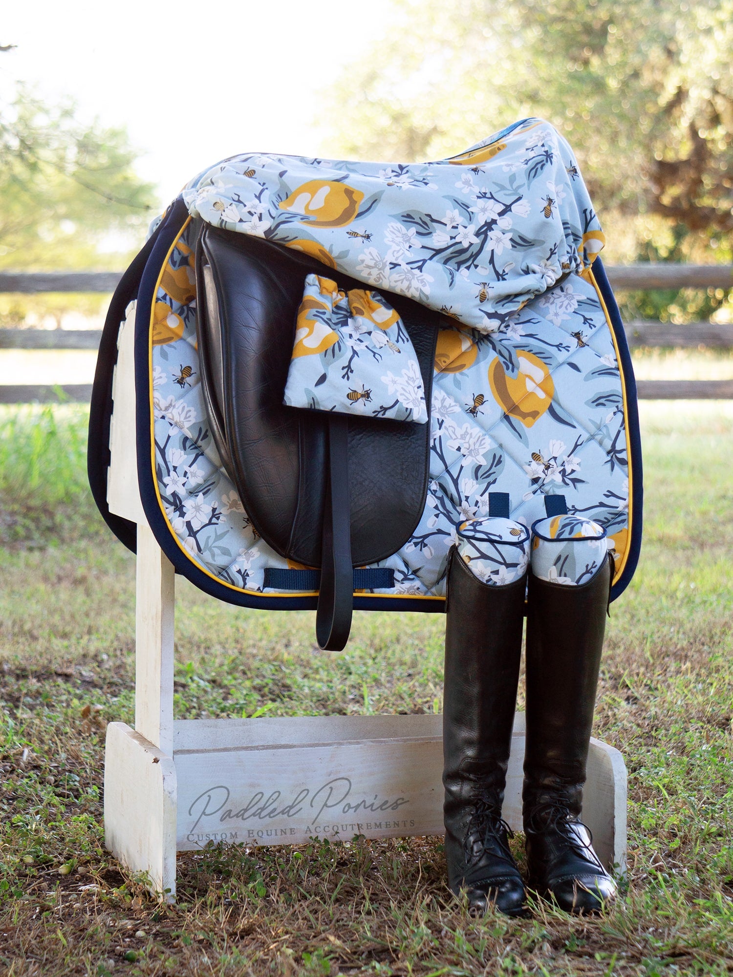 Custom Stirrup Covers Lemons and Bees