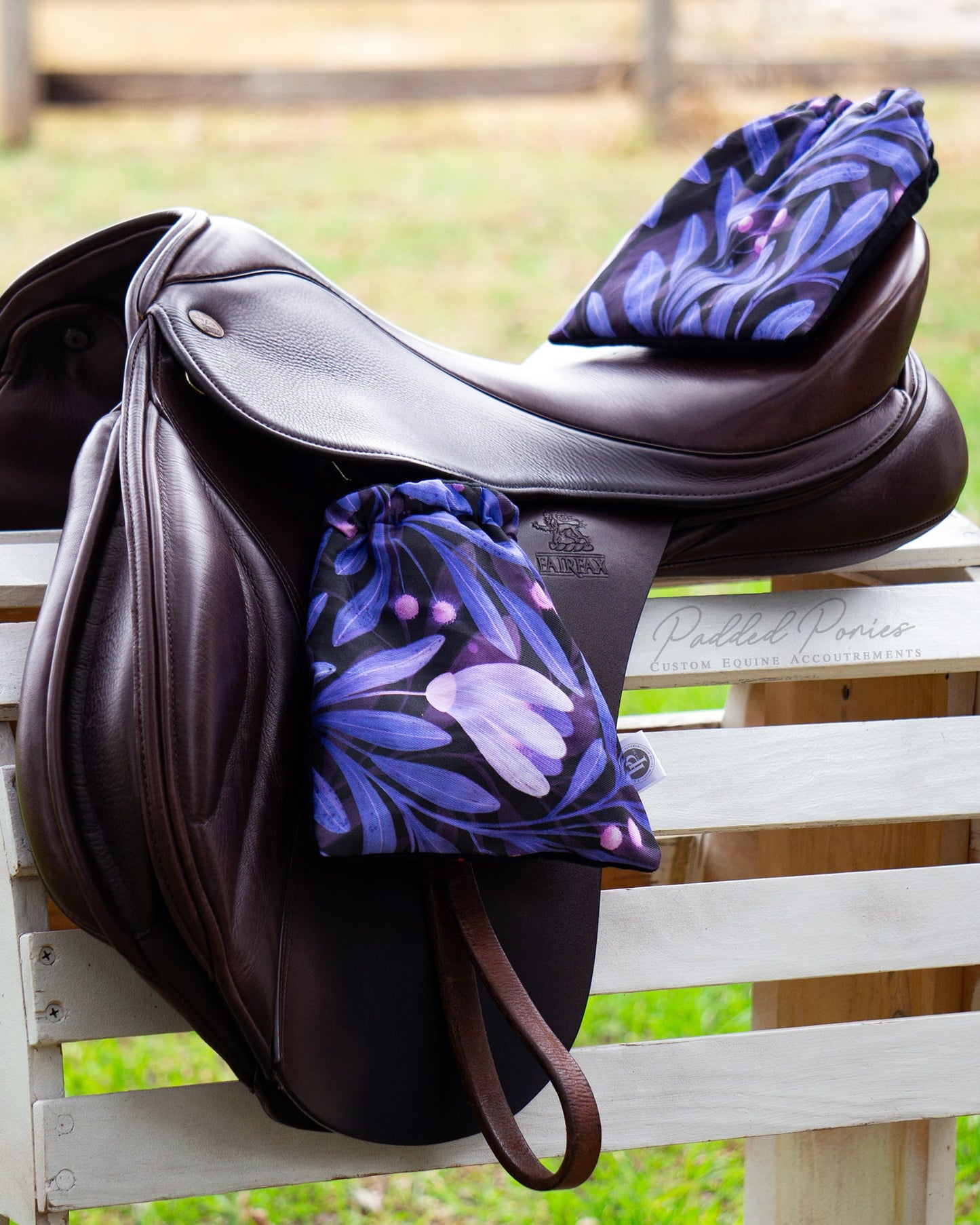 Custom Stirrup Covers Purple Moonflowers