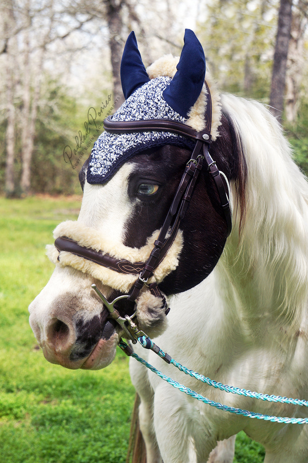 Ready to Ship Navy and White Heathered Crochet Ear Fly Bonnet Pony Size