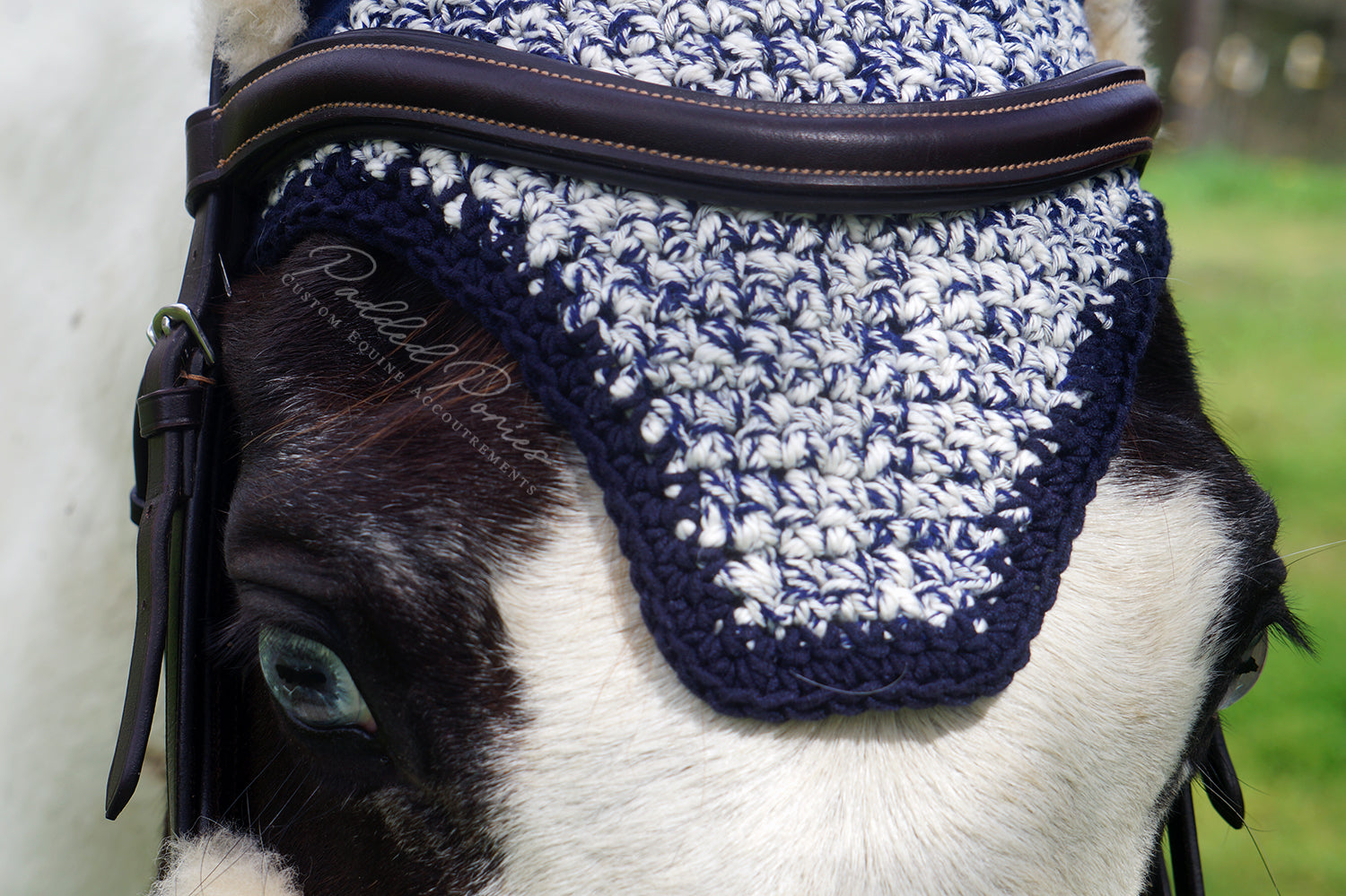 Ready to Ship Navy and White Heathered Crochet Ear Fly Bonnet Pony Size