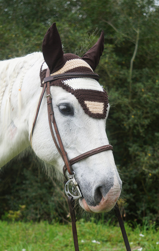 Ready to Ship Brown, Tan, and Ivory Stripe Crochet Ear Fly Bonnet Horse Size