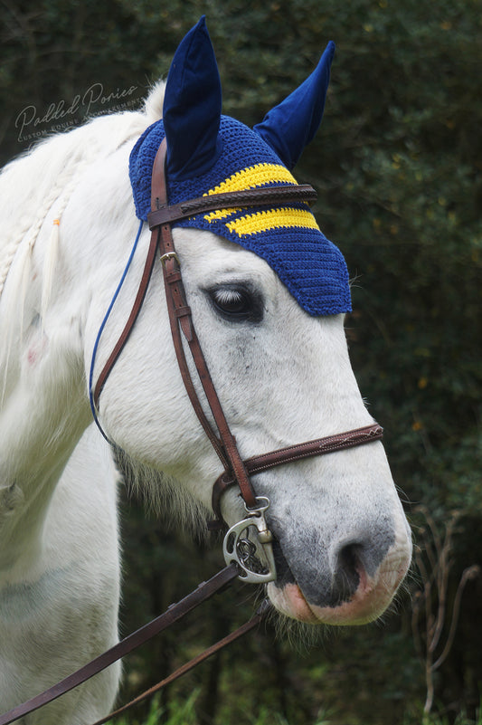 Ready to Ship Royal Blue and Yellow Stripe Crochet Ear Fly Bonnet Horse Size