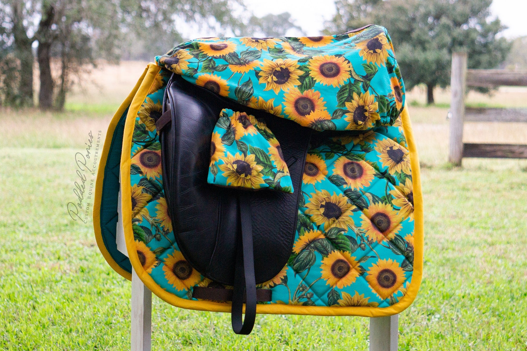 Custom Stirrup Covers Turquoise Sunflowers