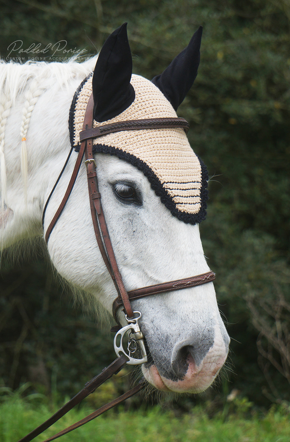 Ready to Ship Tan and Black Stripe Crochet Ear Fly Bonnet Horse Size